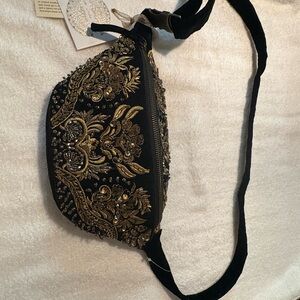 Black Velvet Gold-Beaded Embellished Waist Bag
